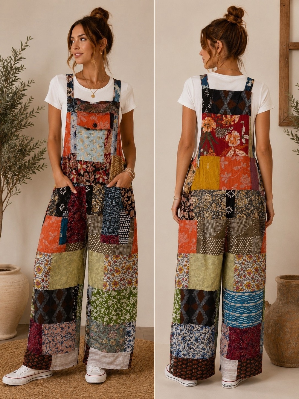 NWT Ashley Taylor Patchwork Colorful Bohemian Adjustable Overalls One Size